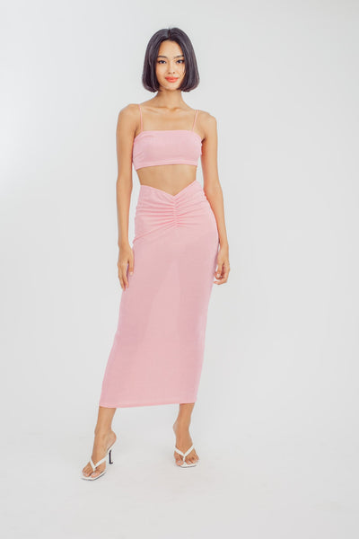 Virginia Pink Velvet Sleeveless Top and Maxi Skirt Set