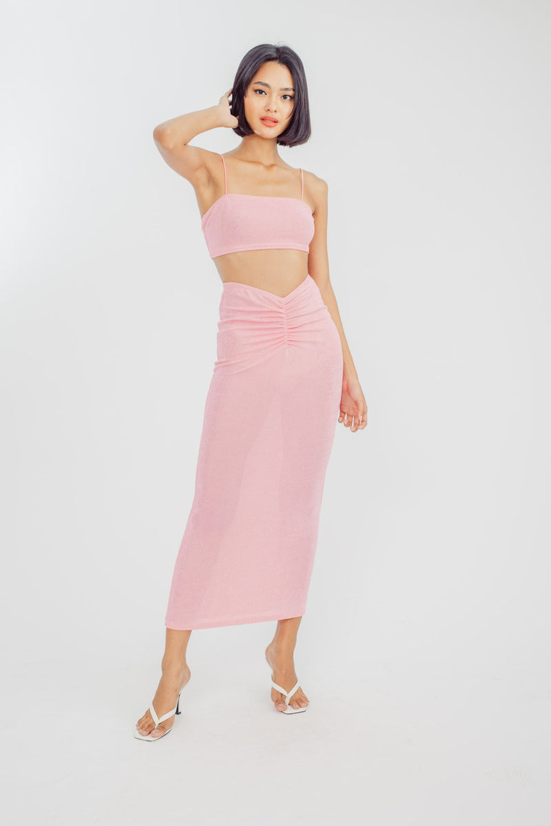 Virginia Pink Velvet Sleeveless Top and Maxi Skirt Set