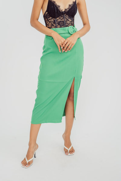 Liane Green Pencil Cut Midi Skirt with Slit and Belt