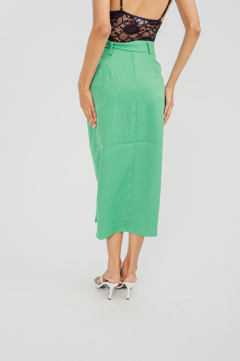 Liane Green Pencil Cut Midi Skirt with Slit and Belt