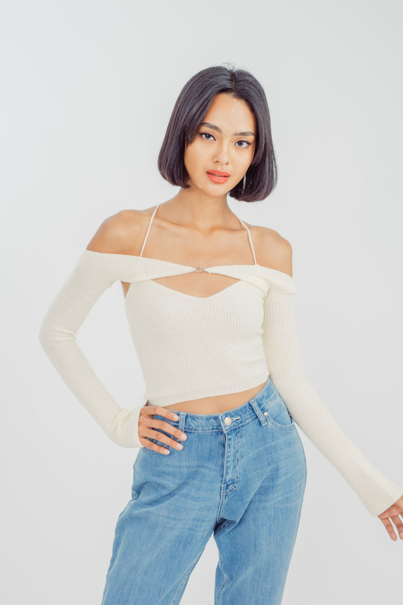 Emmette Cream Knitted Halter Self Tie Top and Long Sleeves Set