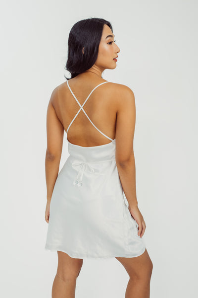 Cheeni White Silk Sleeveless Sexy Open Back Mini Dress with Long Strap