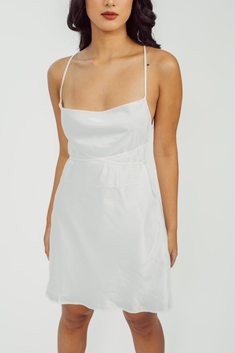 Cheeni White Silk Sleeveless Sexy Open Back Mini Dress with Long Strap