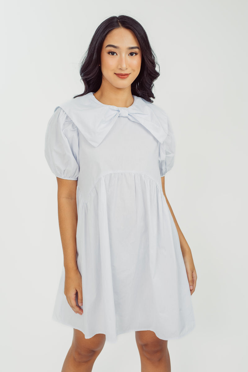 Talitha White Round Neck Ribbon Collar Short Sleeves Loose Mini Dress