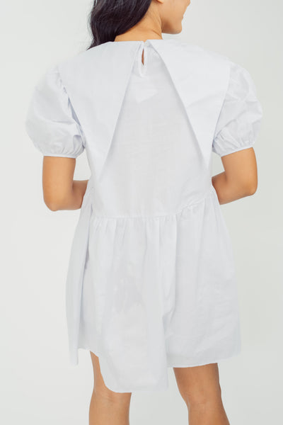 Talitha White Round Neck Ribbon Collar Short Sleeves Loose Mini Dress