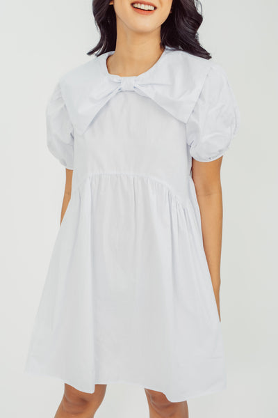 Talitha White Round Neck Ribbon Collar Short Sleeves Loose Mini Dress