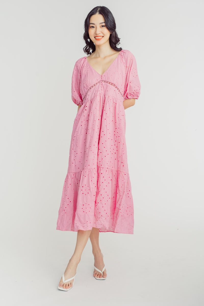 Korra Pink Eyelet V Neck Short Sleeves Tiered Midi Dress