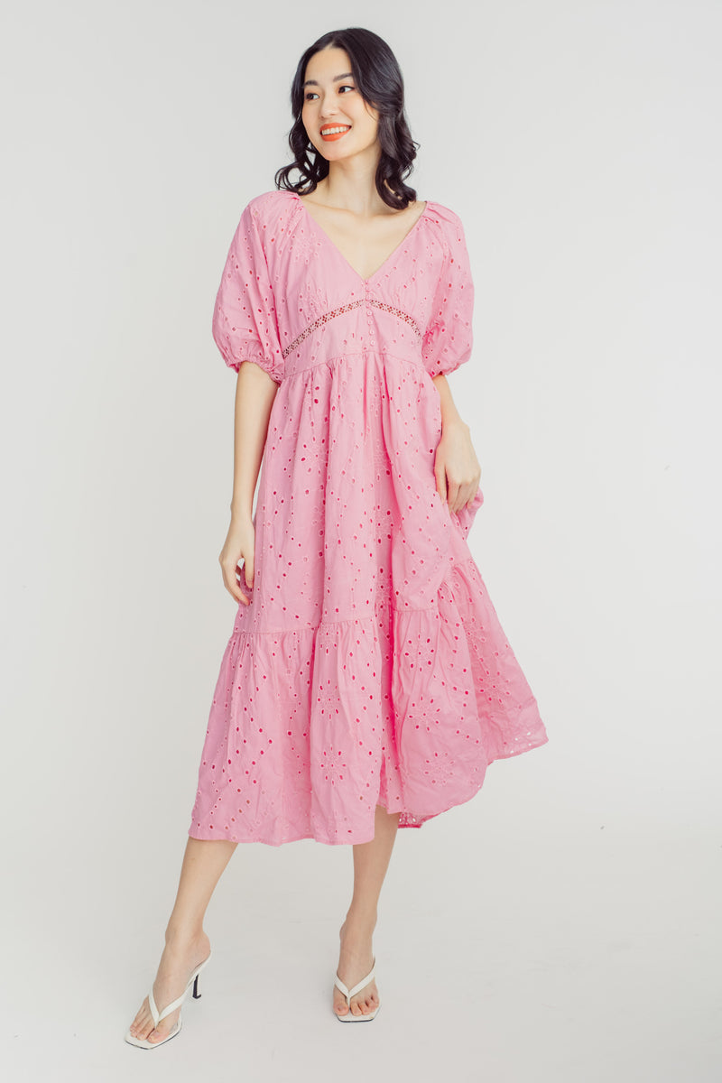 Korra Pink Eyelet V Neck Short Sleeves Tiered Midi Dress