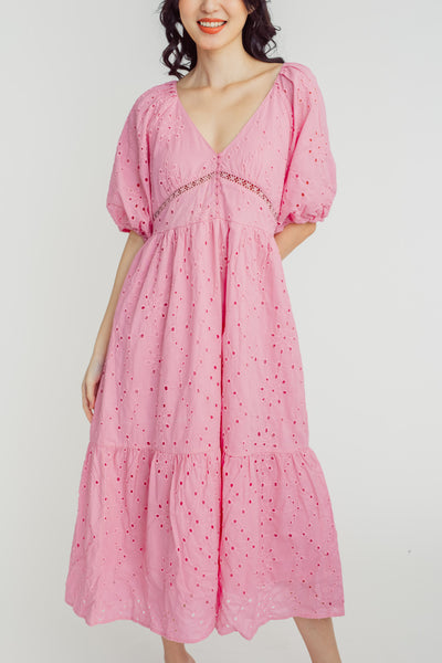 Korra Pink Eyelet V Neck Short Sleeves Tiered Midi Dress