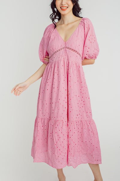 Korra Pink Eyelet V Neck Short Sleeves Tiered Midi Dress