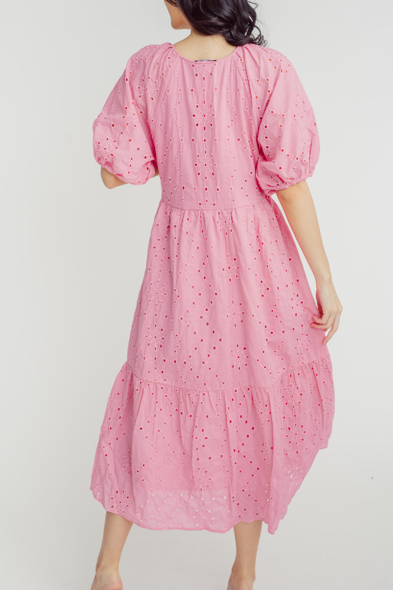 Korra Pink Eyelet V Neck Short Sleeves Tiered Midi Dress