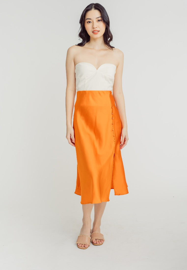 Ainsley Orange Silk Side Buttons Midi Skirt