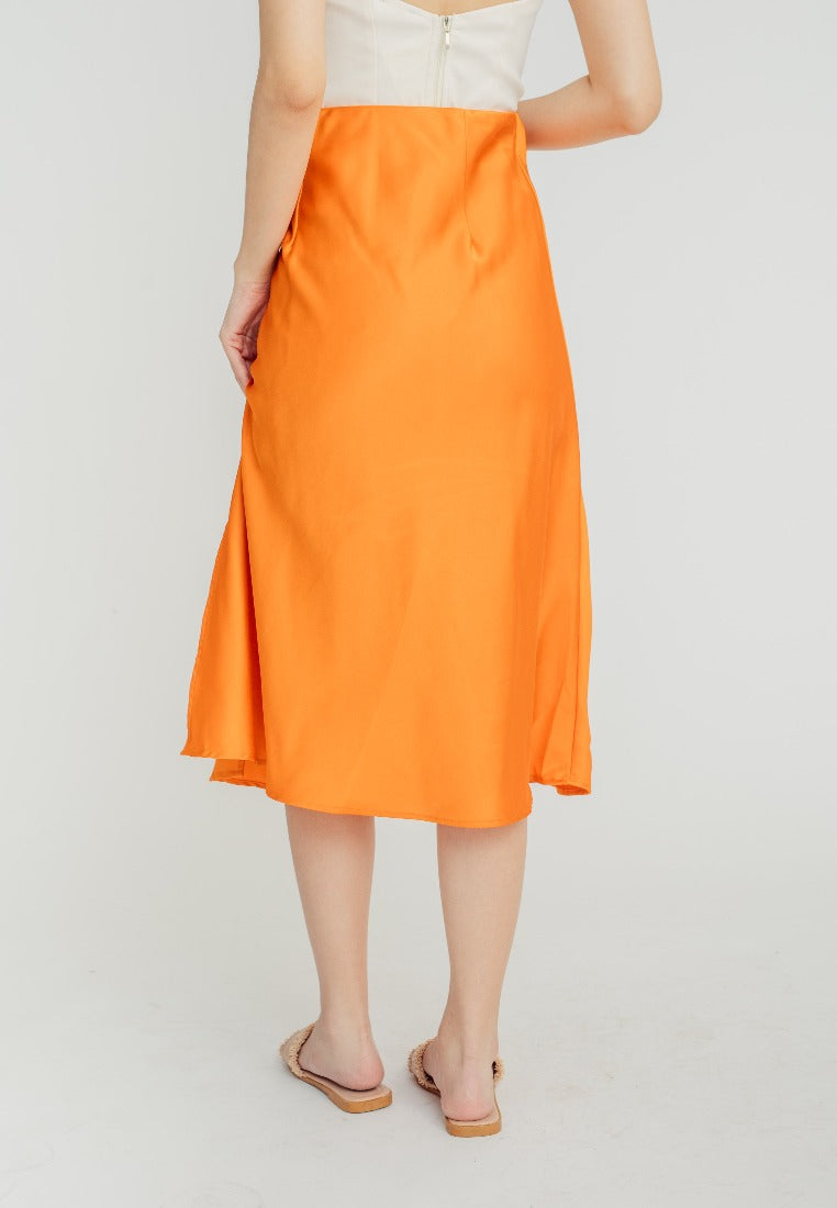 Ainsley Orange Silk Side Buttons Midi Skirt