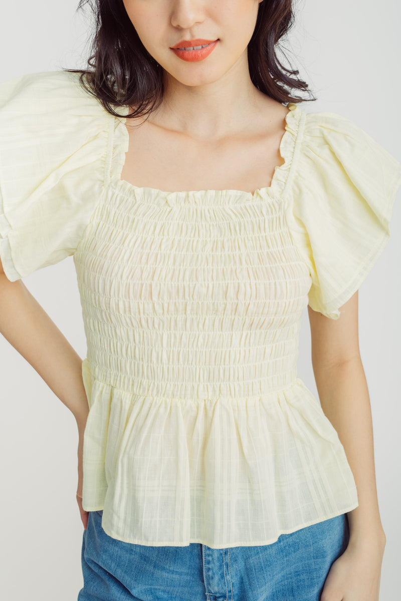 Stan Yellow Square Neck Short Sleeves Smocked Top