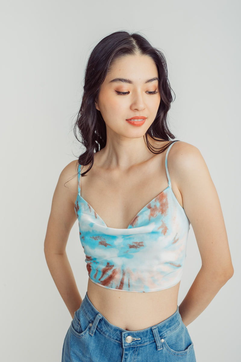 Gon Blue Tie Dye Cowl Neck Sleeveless Self Tie Back Crop Top