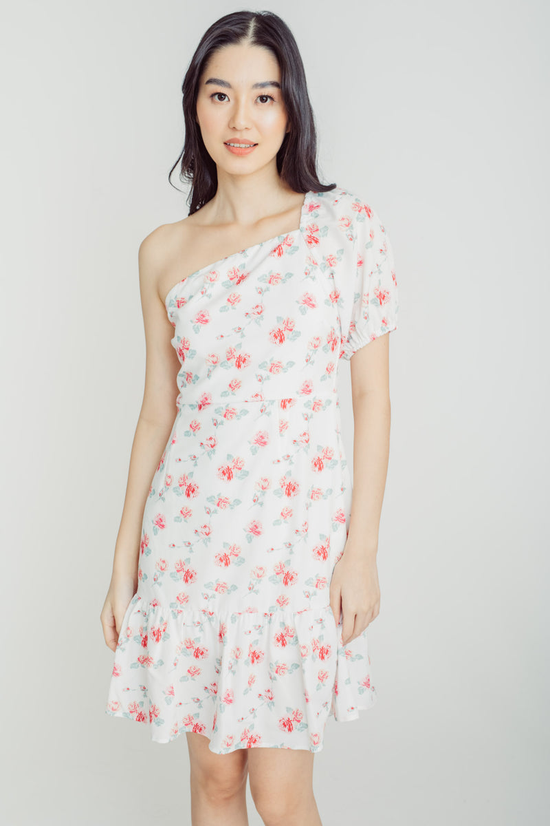 Kairi White with Pink Floral Print Asymmetrical Neckline One Side Short Sleeve Ruffle Hem Mini Dress