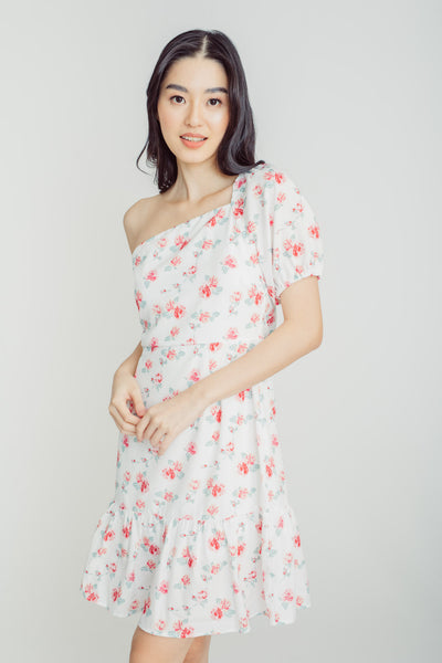 Kairi White with Pink Floral Print Asymmetrical Neckline One Side Short Sleeve Ruffle Hem Mini Dress