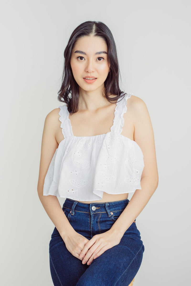 Italia White Eyelet Sleeveless Ruffle Straps Crop Top