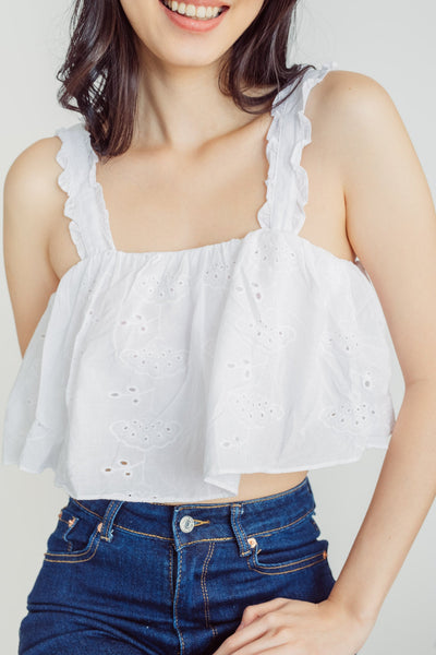 Italia White Eyelet Sleeveless Ruffle Straps Crop Top