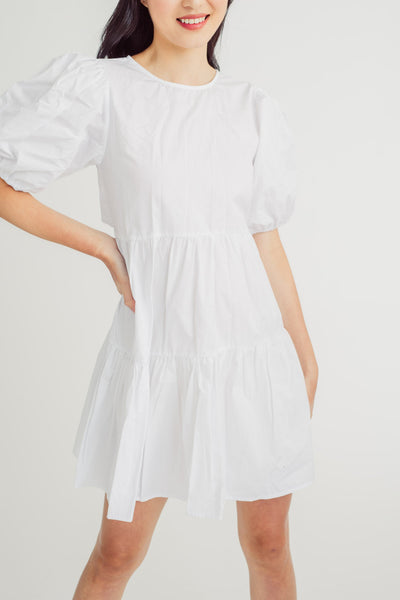 Megumi White Round Neck Short Sleeves Open Back Tiered Mini Dress