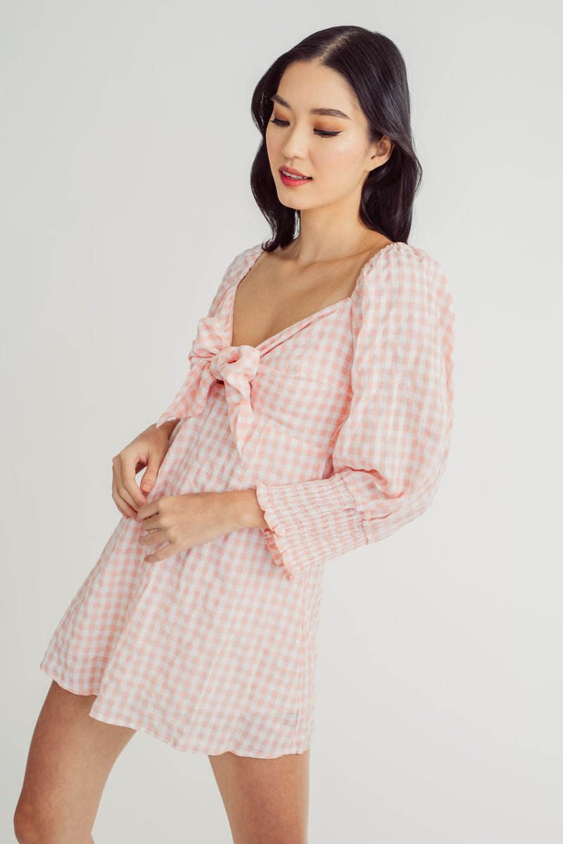 Vernon Pink Gingham Print V Neck Tie Bust 3/4 Sleeves Mini Dress