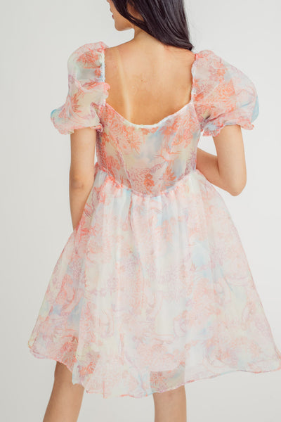 Minnie Pink Floral Square Neck Puff Sleeves Babydoll Mini Dress