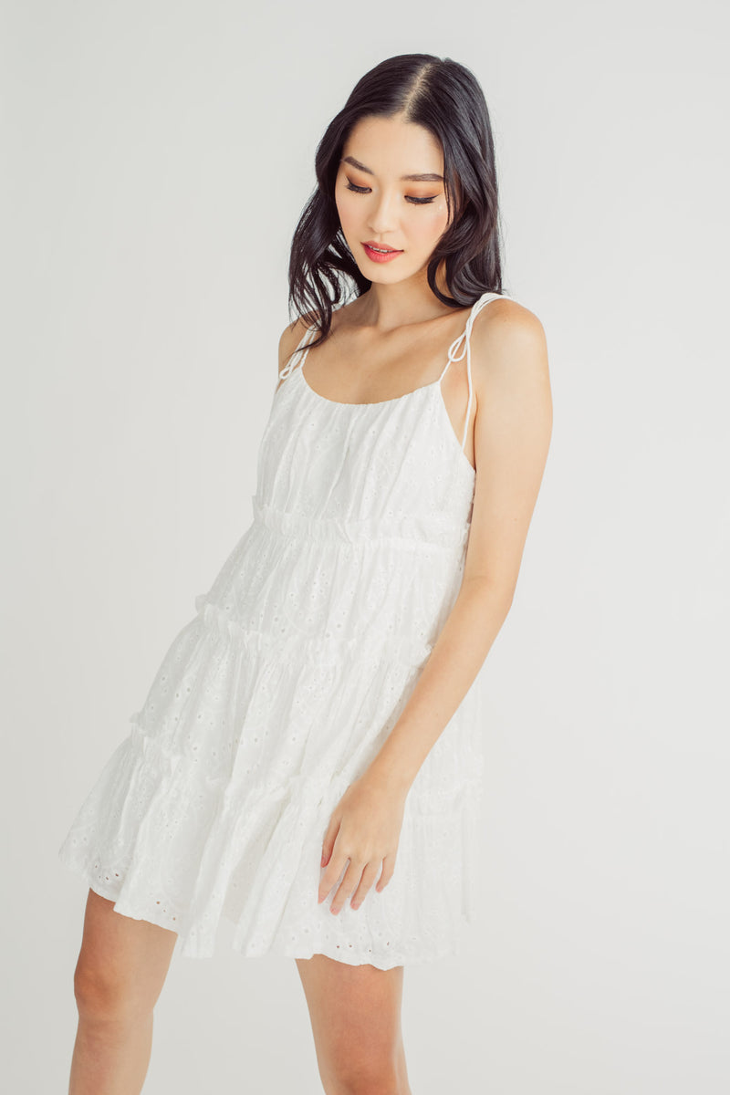 Regan White Eyelet Sleeveless Self-Tie Strap Ruffle Tiered Mini Dress