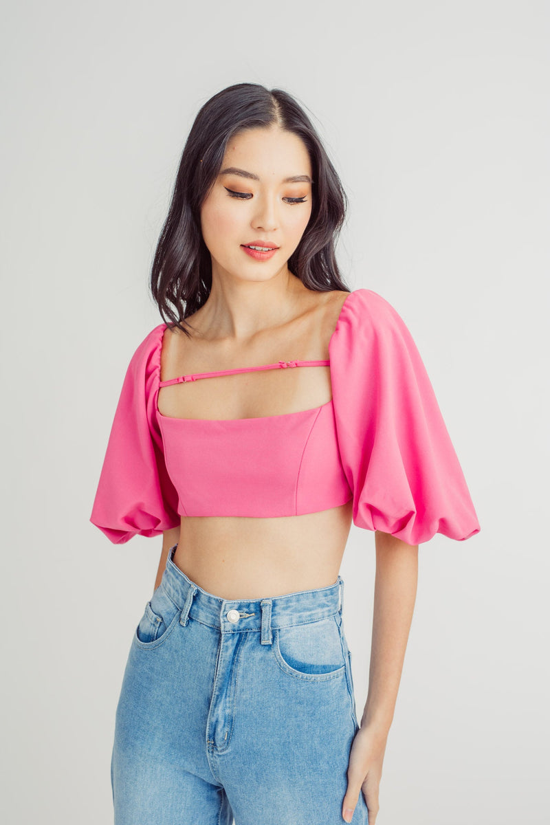 Midgen Pink Square Neck Lantern Short Sleeves Back Tie Crop Top