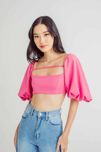 Midgen Pink Square Neck Lantern Short Sleeves Back Tie Crop Top