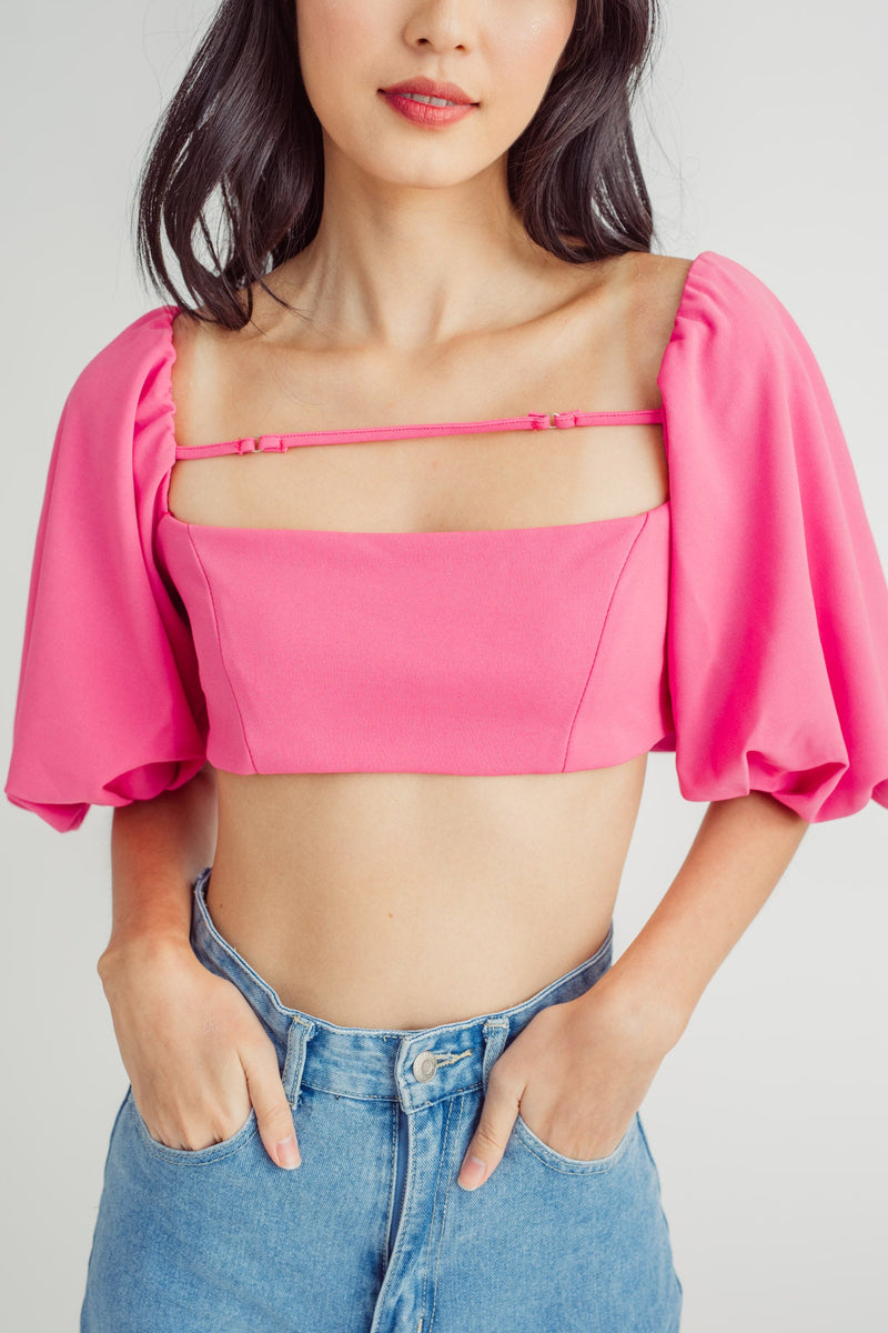 Midgen Pink Square Neck Lantern Short Sleeves Back Tie Crop Top