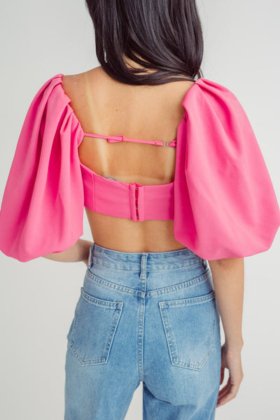 Midgen Pink Square Neck Lantern Short Sleeves Back Tie Crop Top