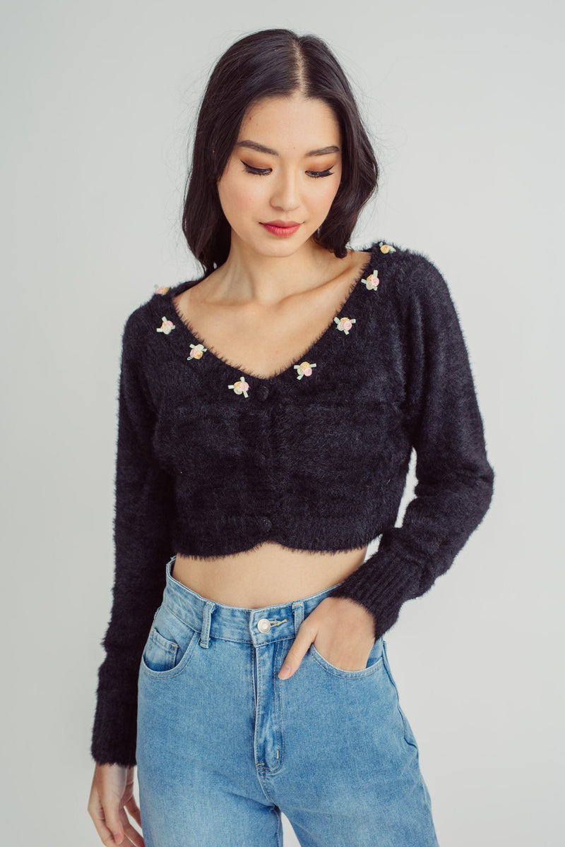 Howl Black Knitted Mohair Cute Flower Neckline Details Long Sleeves Button Cardigan Top