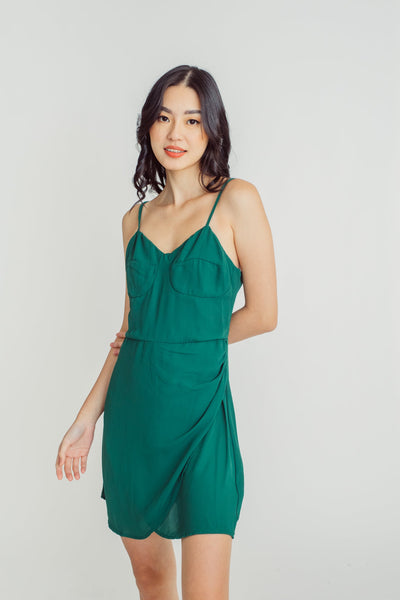 Nichelle Green Shaped Bust Sleeveless Self-Tie Strap Overlap Skirt Mini Dress