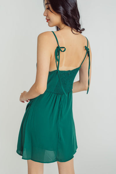 Nichelle Green Shaped Bust Sleeveless Self-Tie Strap Overlap Skirt Mini Dress