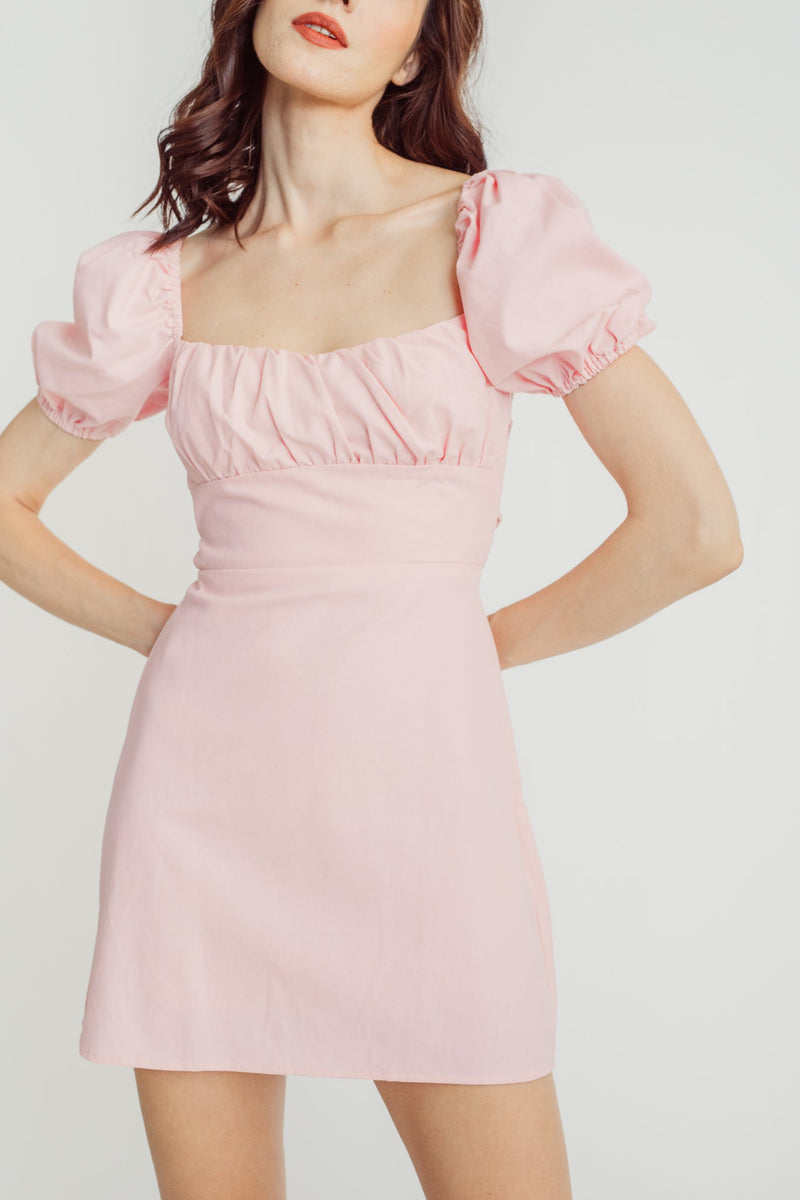 Faye Pink Square Neck Ruched Bust Short Sleeves Crisscross Back Mini Dress