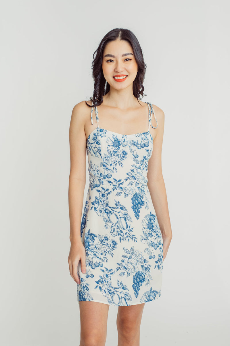 Rhoda Blue Floral Print Shaped Bust Sleeveless Self Tie Strap Mini Dress