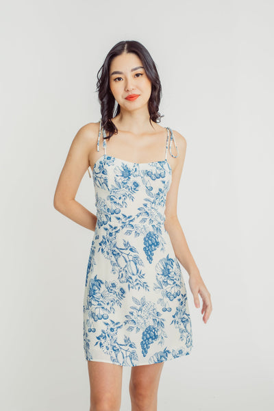 Rhoda Blue Floral Print Shaped Bust Sleeveless Self Tie Strap Mini Dress