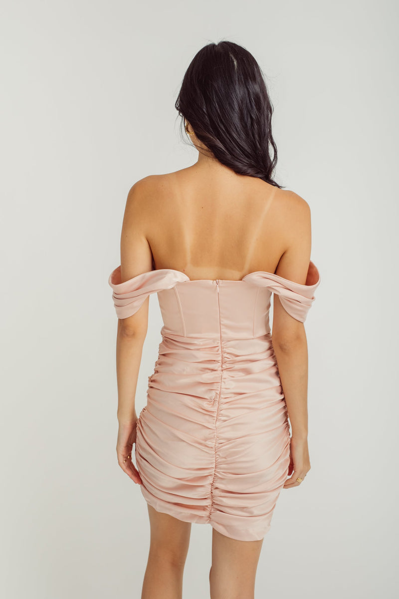 Siena Pink Silk Off Shoulder Boned Mini Dress