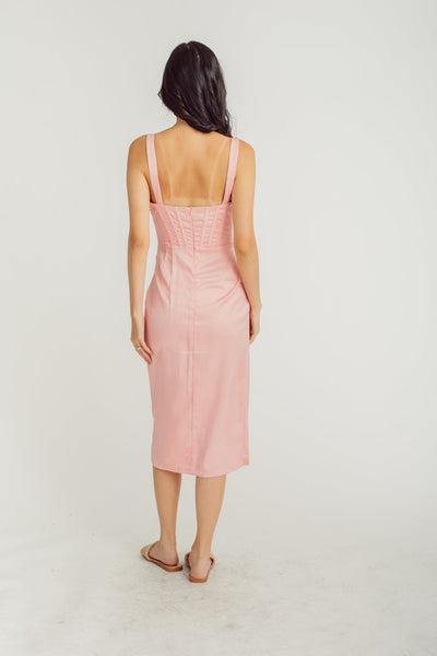Lyniel Pink Deep V Neck Sleeveless Corset Waist Asymmetric Hemline Sexy Midi Dress