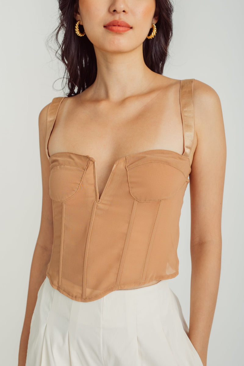 Kallen Brown Deep V Neck Sleeveless Self Tie Straps Corset Top