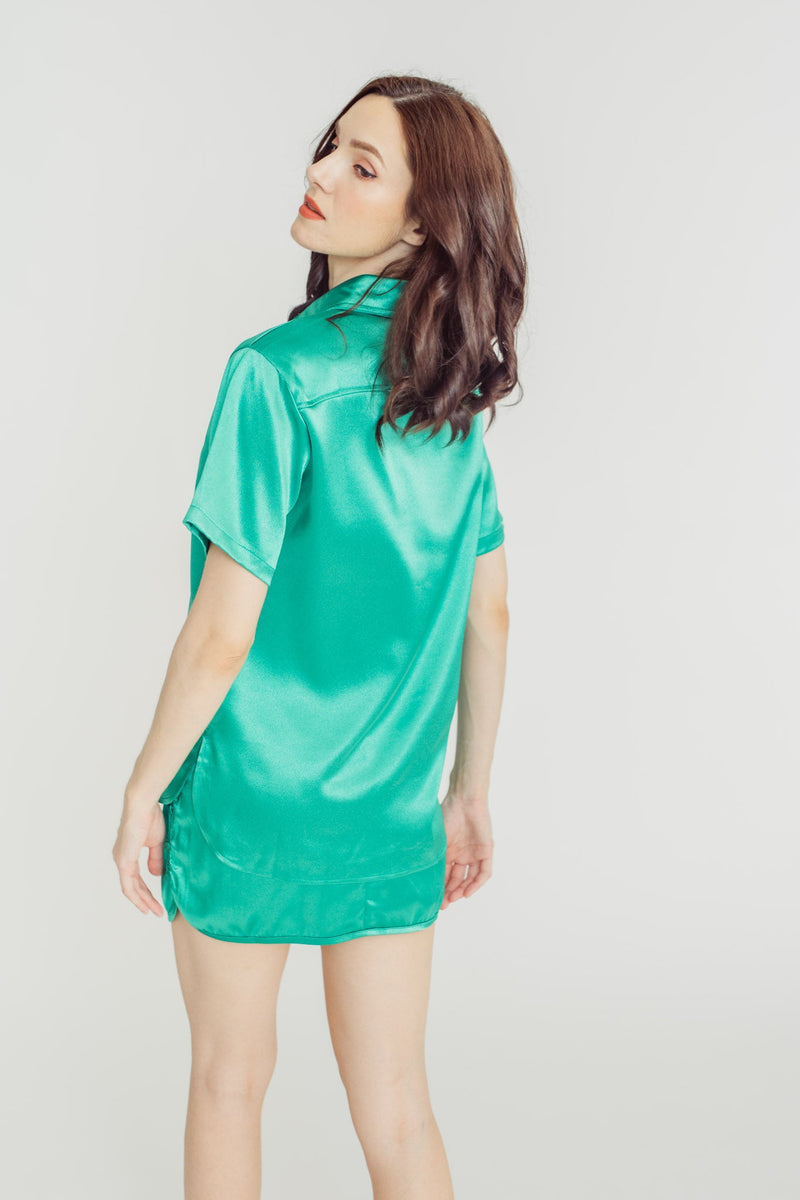 Avyanna Green Silk Turn Down Collar Buttondown Short Sleeves Top