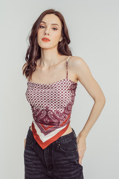 Cyrus Maroon Pattern Paisley Print with White Thick Line Sleeveless Self Tie Bandana Top