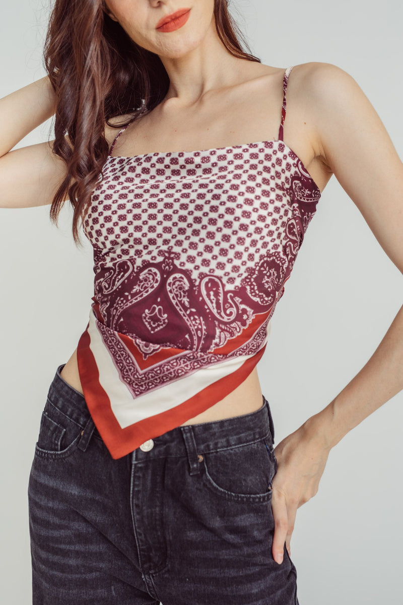 Cyrus Maroon Pattern Paisley Print with White Thick Line Sleeveless Self Tie Bandana Top