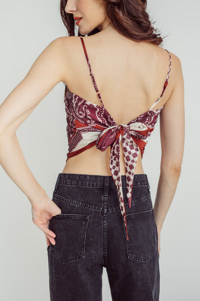 Cyrus Maroon Pattern Paisley Print with White Thick Line Sleeveless Self Tie Bandana Top