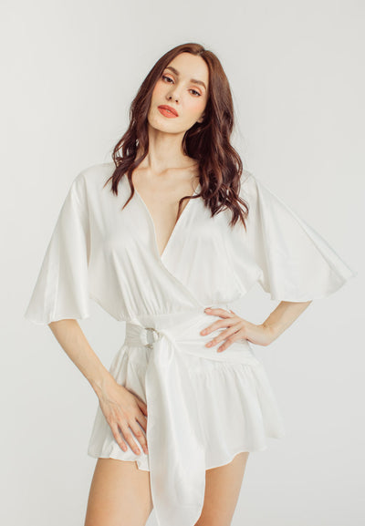 (PRE-ORDER: ETA August 5,2024)Eunice White Satin V-Neck Dolman Sleeves with Ruched Trim Waist Tie Mini Dress