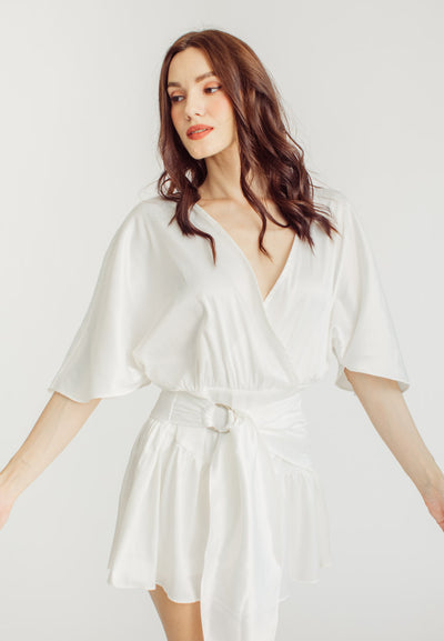 (PRE-ORDER: ETA August 5,2024)Eunice White Satin V-Neck Dolman Sleeves with Ruched Trim Waist Tie Mini Dress