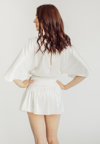 (PRE-ORDER: ETA August 5,2024)Eunice White Satin V-Neck Dolman Sleeves with Ruched Trim Waist Tie Mini Dress