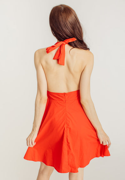 Aissa Red Tie Backless Plunging Neck Halter Mini Dress