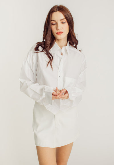 Nancy White Collar Long Sleeve Button Raw Hem Pocket Crop Shirt