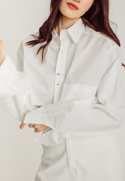 Nancy White Collar Long Sleeve Button Raw Hem Pocket Crop Shirt